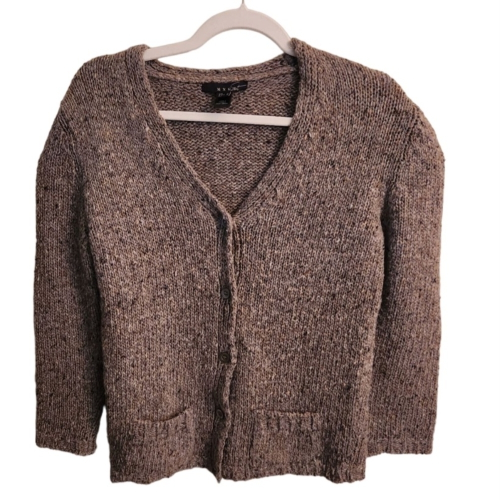 Mango MNG Suit Brown Wool Mohair Leather Cardigan Sweater Size M